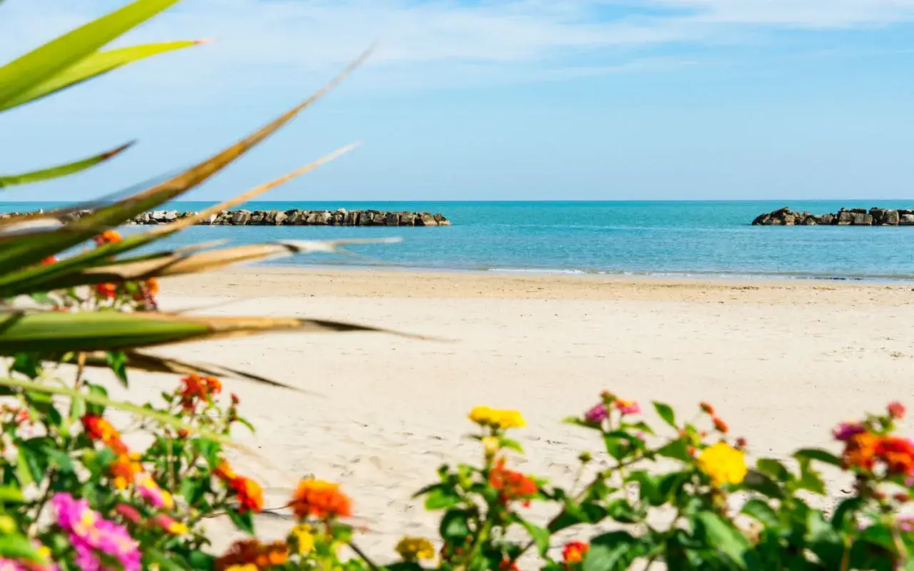 Plage de sable fin &agrave; Porto San Giorgio, avec des fleurs color&eacute;es au premier plan et des brise-lames dans la mer bleue. Id&eacute;al pour un s&eacute;jour dans les h&ocirc;tels de Porto San Giorgio.
