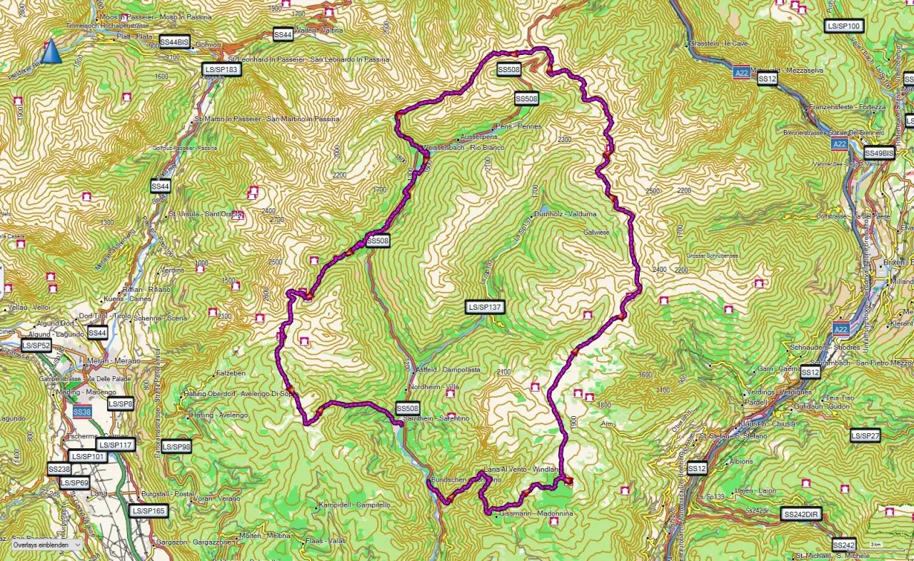 Hufeisentour Sarntal: detaillierte Karte mit Wanderwegen, H&ouml;henlinien und Ortschaften im Sarntal.