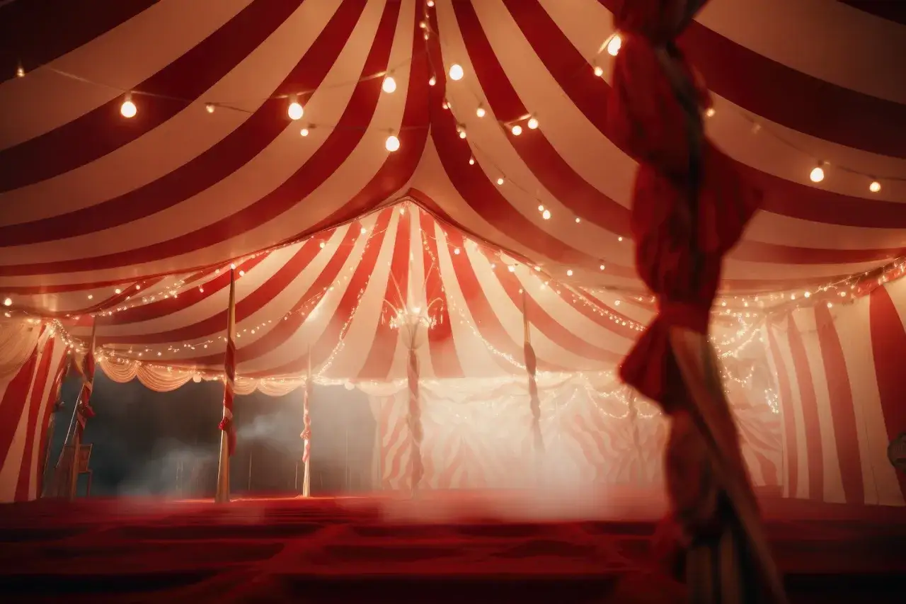 Sous le chapiteau rouge et blanc, des guirlandes lumineuses scintillent. Un décor féerique pour un mariage cirque inoubliable.