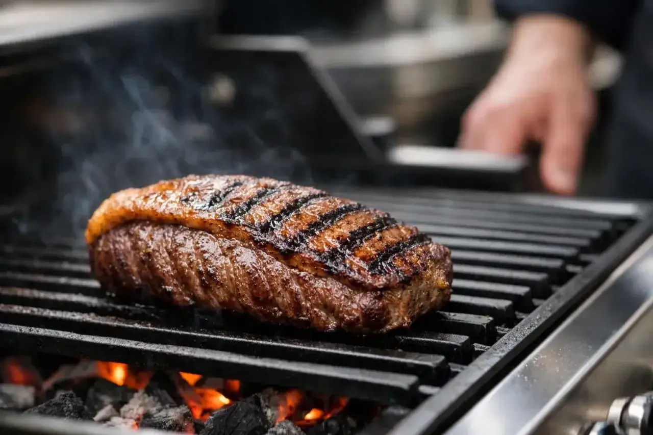 Un beau morceau de bœuf Black Angus grésille sur le barbecue, avec des marques de grill parfaites et une fumée qui s'en dégage.