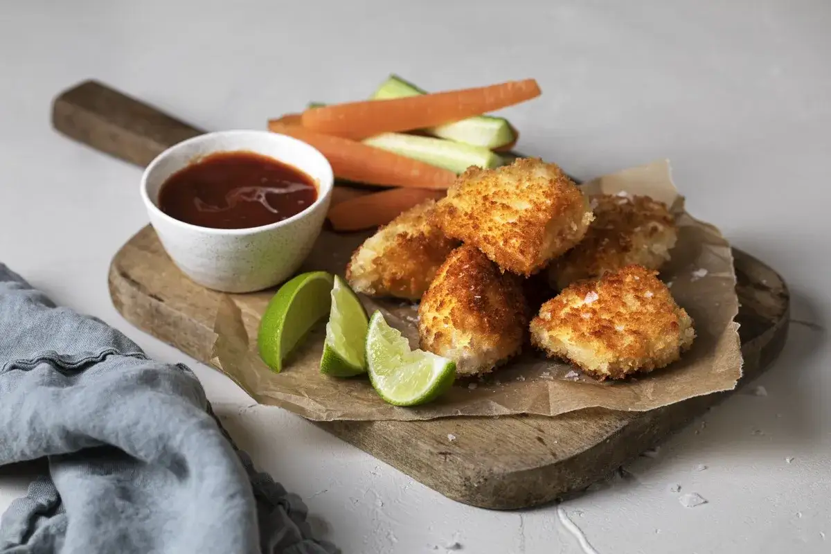 Krispiga chicken nuggets serveras med dippsås, limeklyftor och grönsaksstavar på en träbricka.