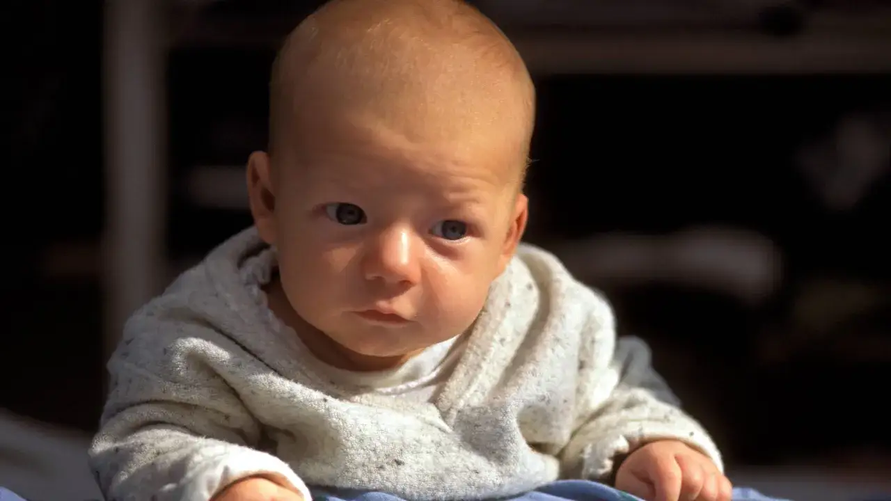 Ein Baby liegt auf dem Bauch und schaut neugierig in die Kamera. Es trägt einen hellen Pullover.