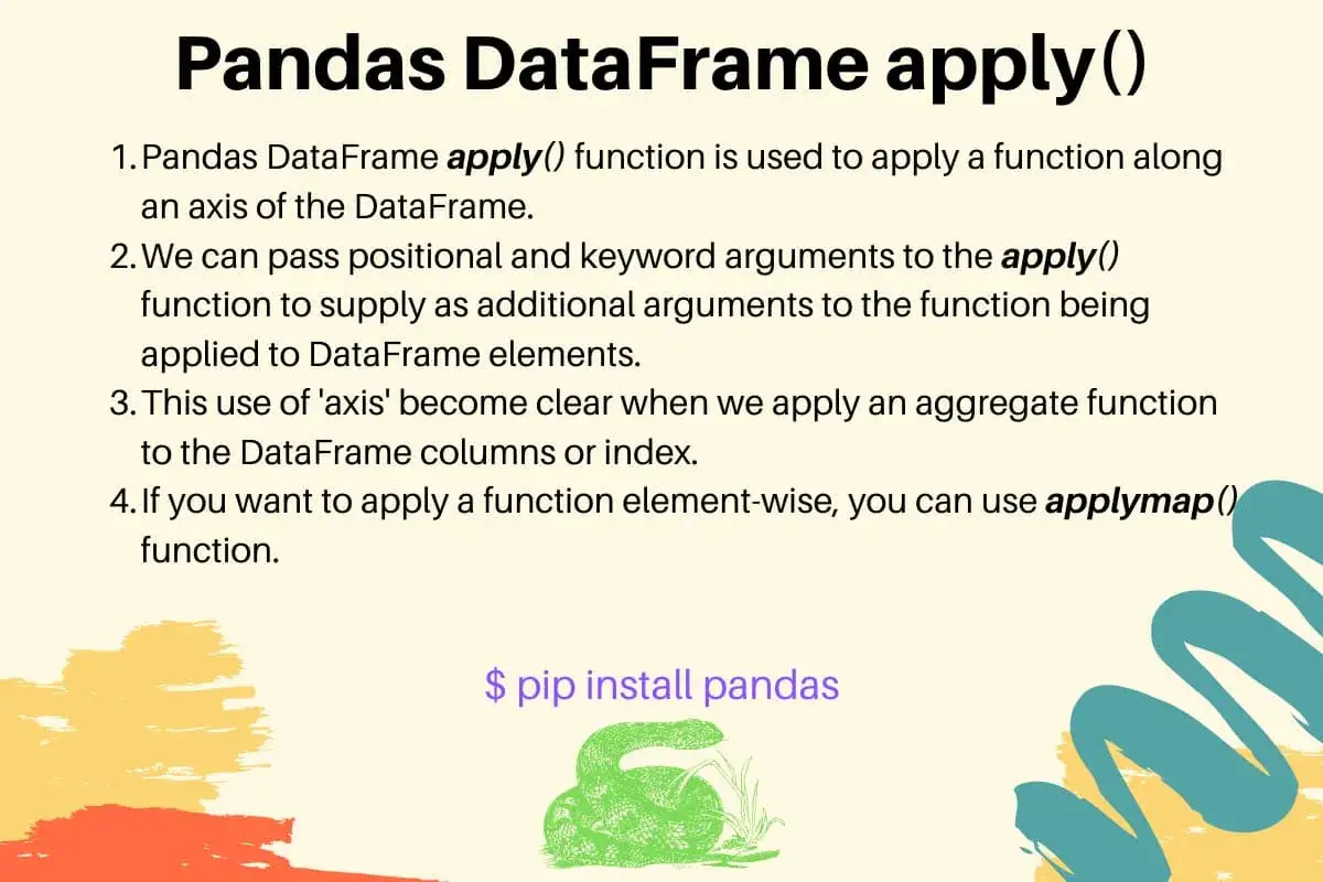 Explication de la fonction `apply()` de Pandas DataFrame pour appliquer des fonctions. Installation via `$ pip install pandas`.