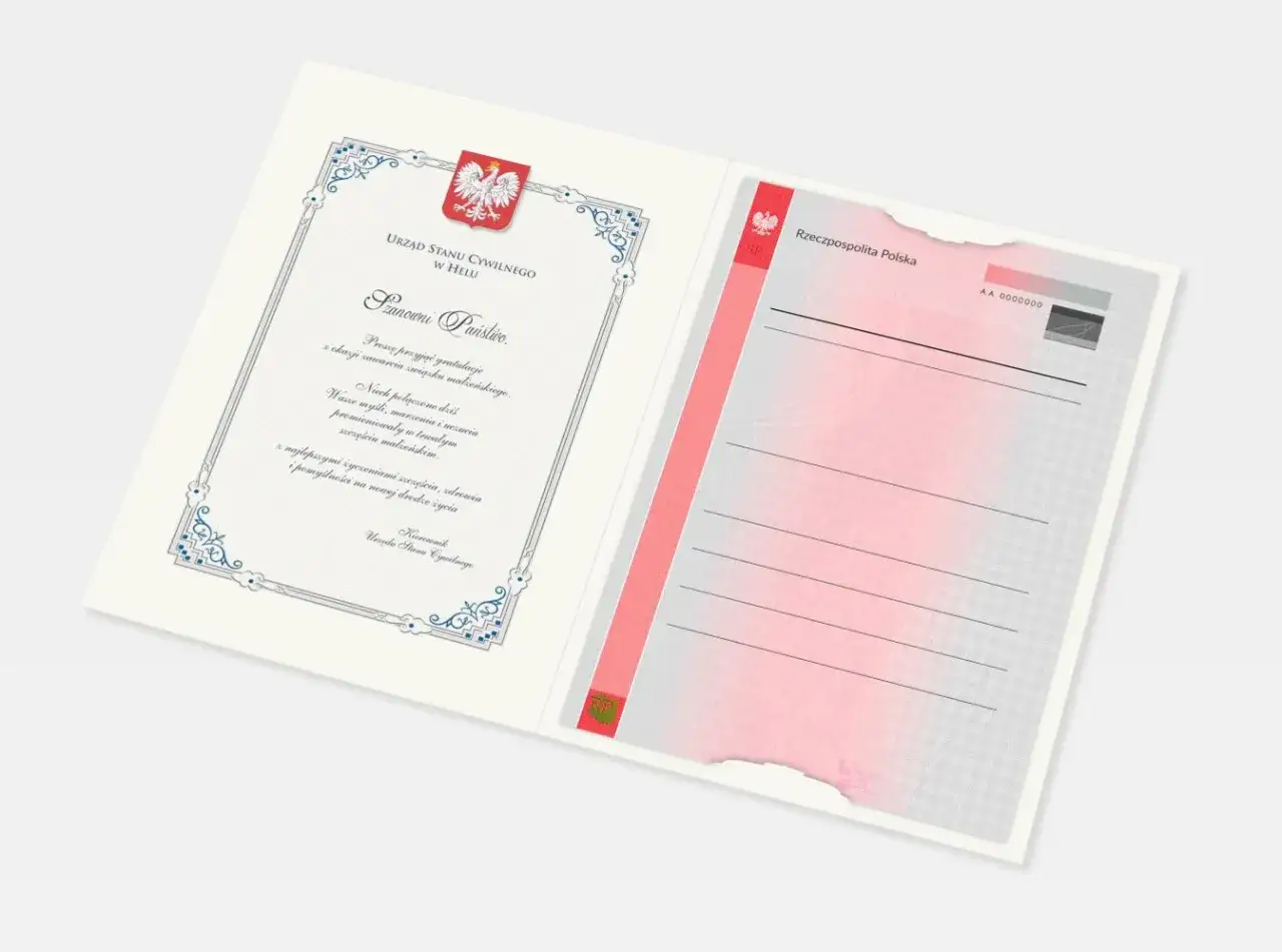 Dokument z Urzędu Stanu Cywilnego gratuluje zawarcia związku małżeńskiego. To ważny moment, który zmienia czyjeś stany cywilne.