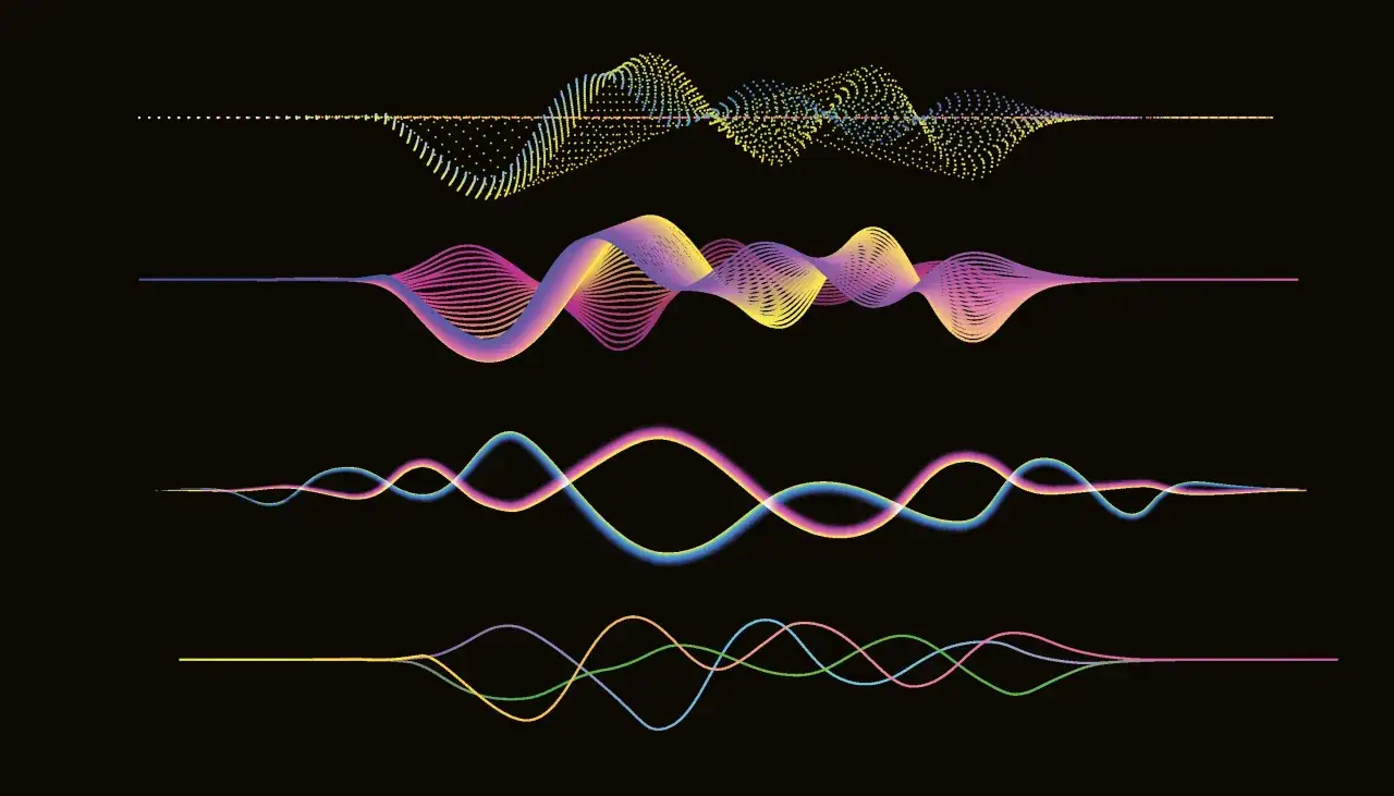 Quatre graphiques abstraits montrant des formes d'onde colorées, comme une expression de longueur d'onde.