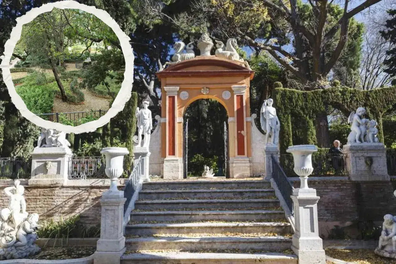 Jardín con estatuas y un arco ornamentado, uno de los **secretos lugares de Valencia** que invitan a la exploración.