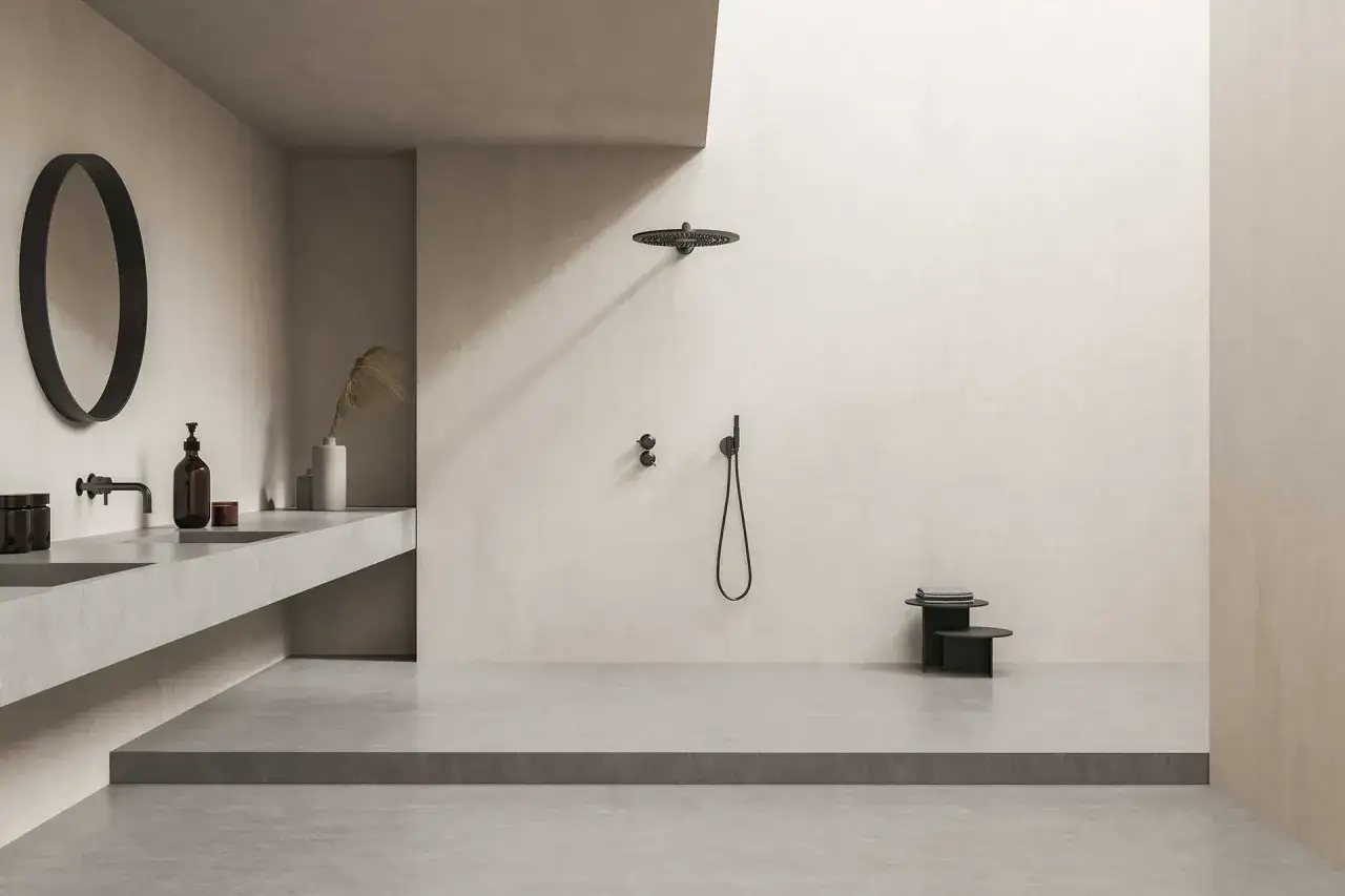 Ba&ntilde;o moderno con paredes y suelos de microcemento. Lavabo doble, espejo ovalado negro y ducha de lluvia.