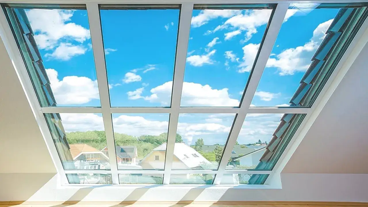Großes Dachfenster mit Blick auf Häuser und blauen Himmel. Informieren Sie sich über Dachfenster Kosten für Ihr Zuhause.