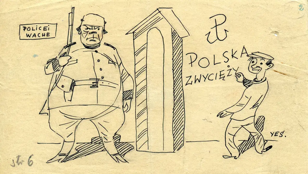 Satyra: Gruby policjant z karabinem obok budki wartowniczej, a obok niego mężczyzna w czapce z napisem