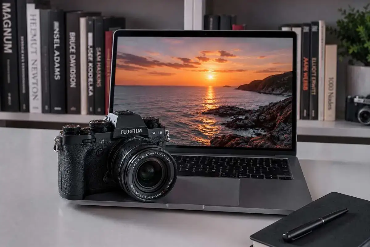 La Fujifilm X-T3 accanto a un laptop che mostra un tramonto sul mare. Ispirazione per nuove avventure fotografiche.