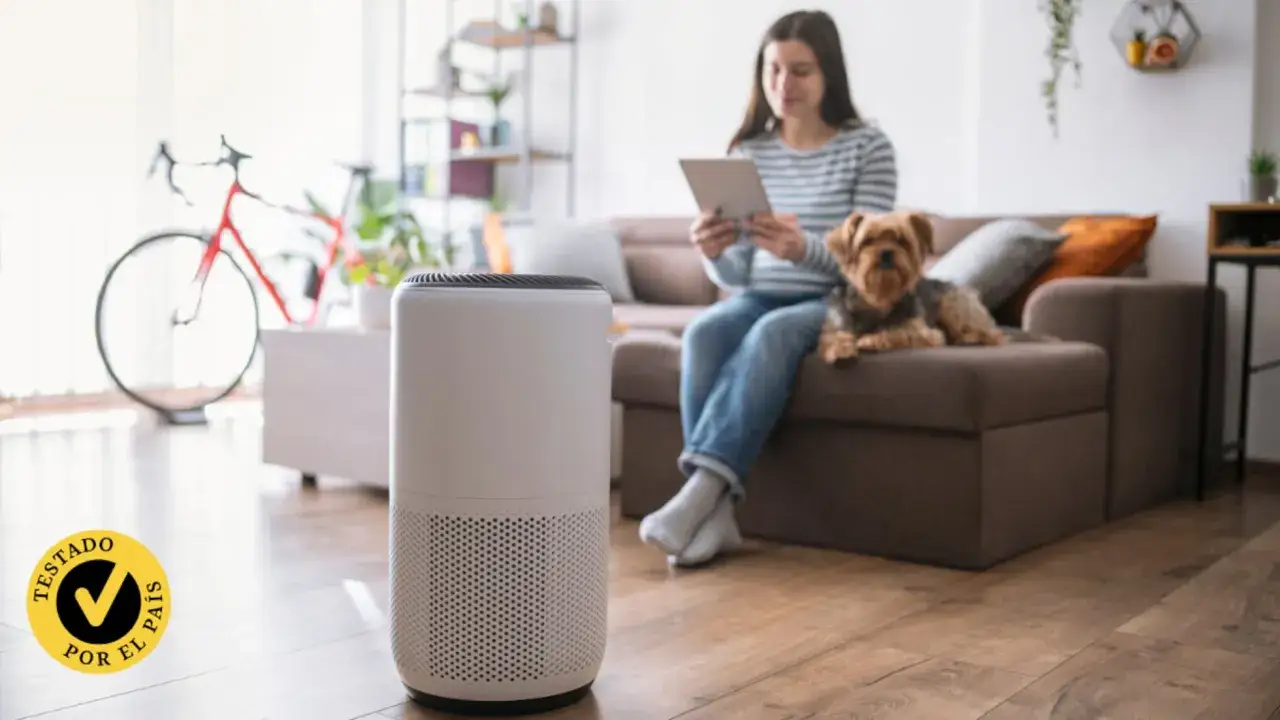 Purificador de aire en sala con mujer y perro, disfrutando los beneficios de un aire limpio y fresco.