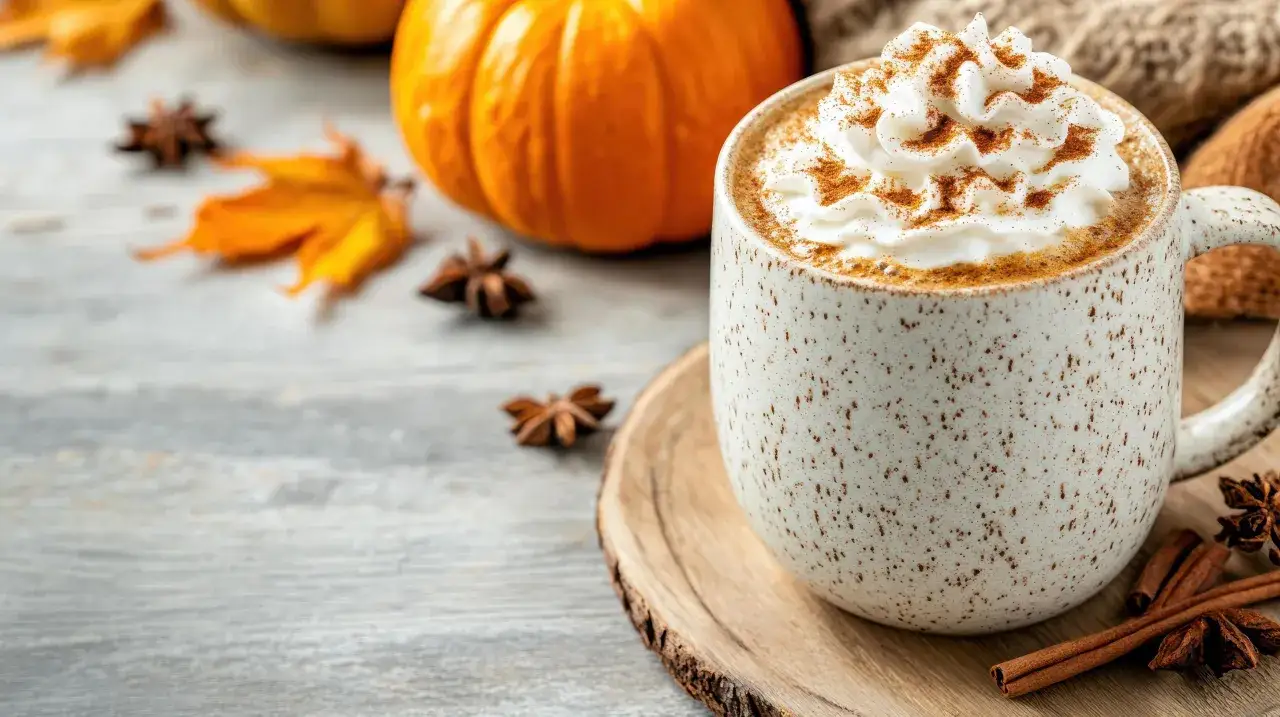 En krämig pumpkin spice latte med vispgrädde och kanel. Perfekt för ett mysigt pumpkin spice latte recept.