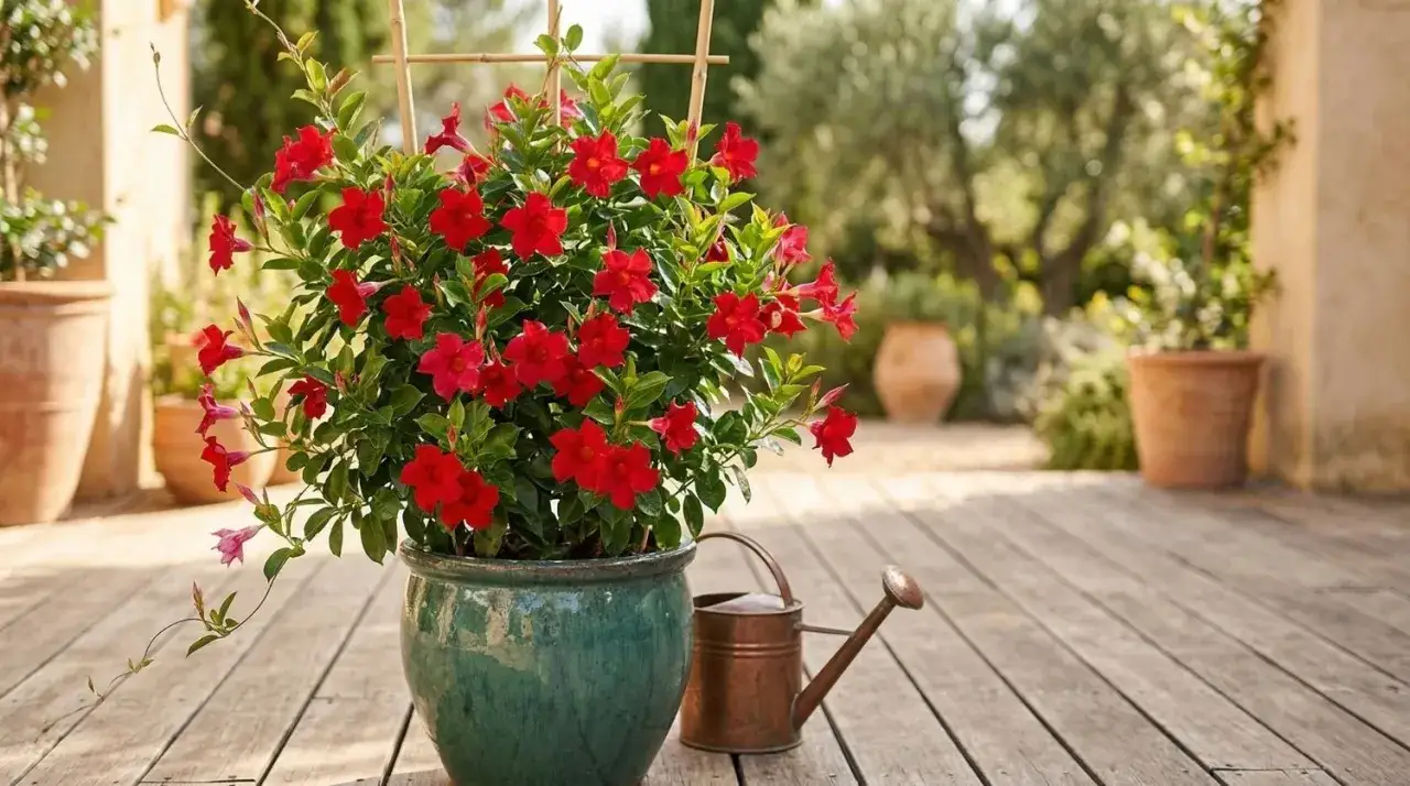 Un magnifique dipladenia en pleine terre, aux fleurs rouges &eacute;clatantes, est arros&eacute; par un petit arrosoir en cuivre sur une terrasse en bois.