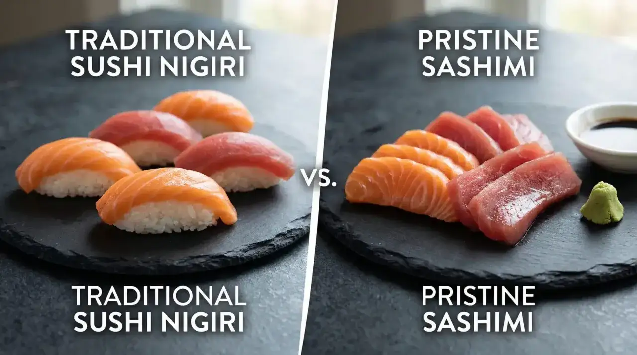 Links: Nigiri Sushi mit Lachs und Thunfisch. Rechts: Sashimi, also nur roher Fisch, was ist Sashimi Sushi.