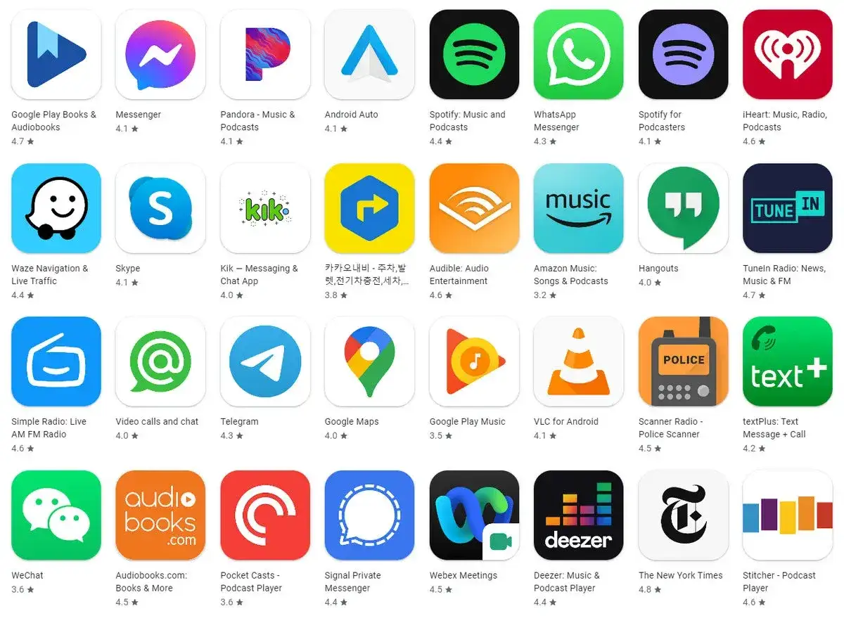 Android Auto na telefon, obok ikony aplikacji Google Play.