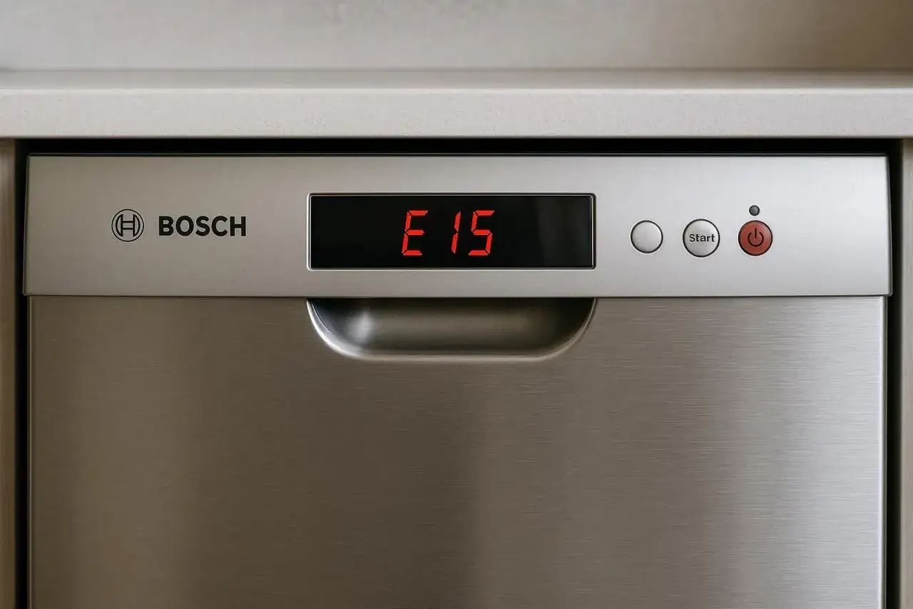 Panel zmywarki Bosch z wyświetlaczem pokazującym błąd E15.