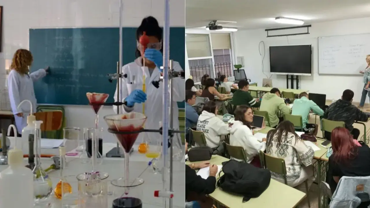 Clase de química y aula con estudiantes en Huelva. Jóvenes aprendiendo en grados superiores.
