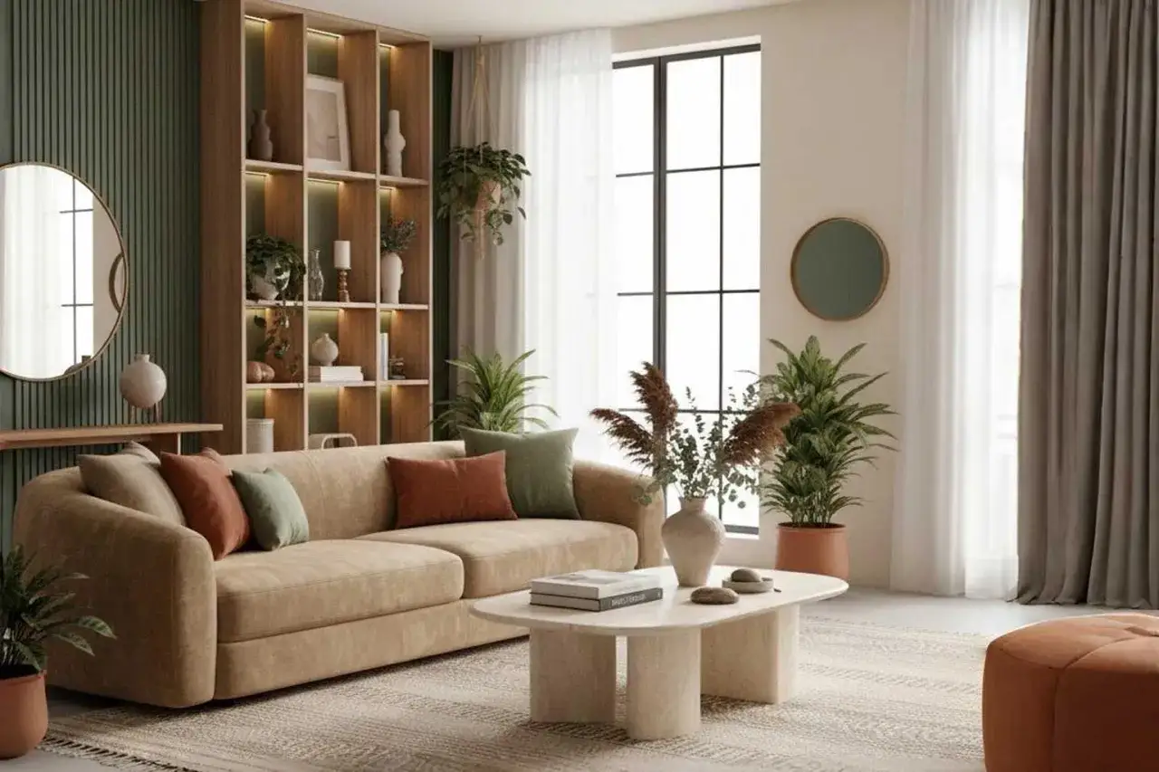 Sofá beige, mesa de centro orgánica y estantería iluminada, reflejando las últimas tendencias interiorismo.
