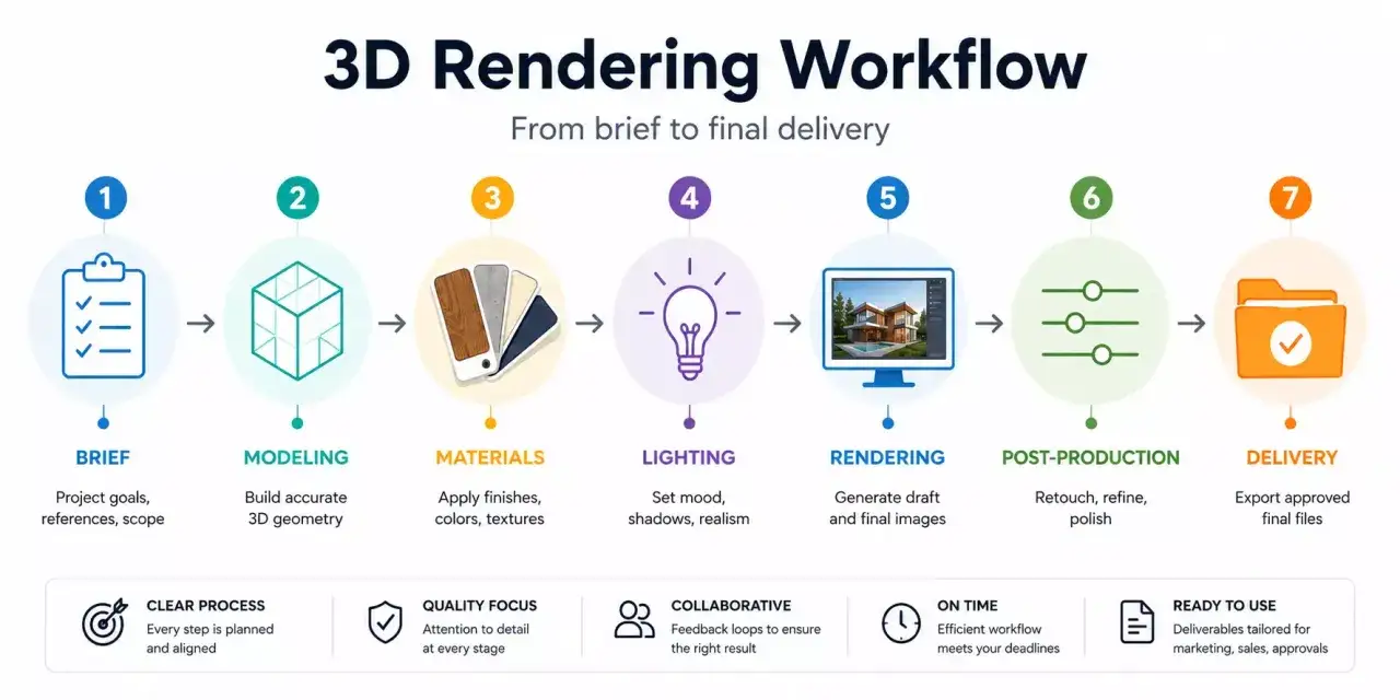 A workflow for how to make 3D graphics, from brief to delivery, covering modeling, materials, lighting, rendering, and post-production.