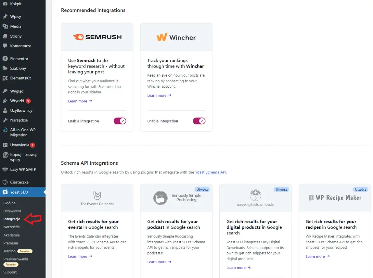 Panel Yoast SEO z integracjami, w tym Semrush do analizy słów kluczowych, kluczowy dla wordpress seo.