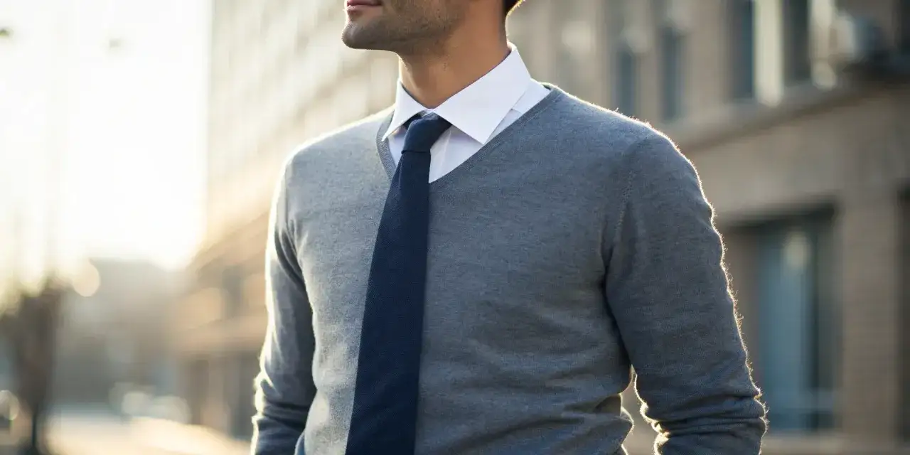 Mann tr&auml;gt ein wei&szlig;es Hemd, eine dunkelblaue Krawatte und einen grauen Pullover.