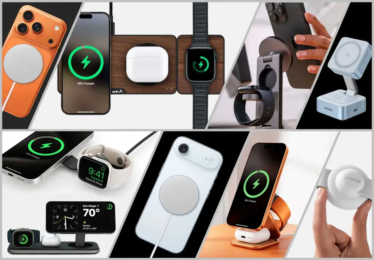 Olika Apple-produkter och tillbeh&ouml;r laddas tr&aring;dl&ouml;st. H&auml;r visas vad som menas med MagSafe: magnetisk laddning f&ouml;r iPhone, Apple Watch och AirPods.