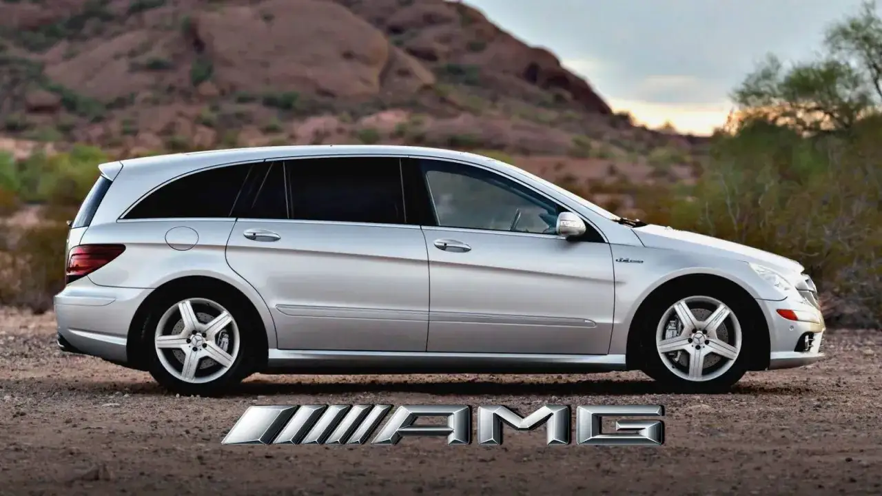 Srebrny Mercedes-Benz R-klasy AMG r63 na pustynnym tle.