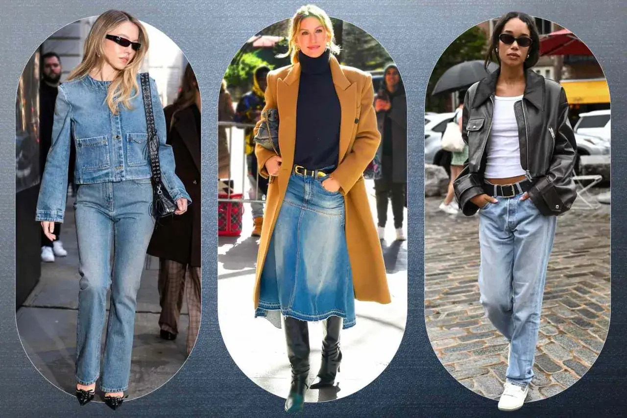 Trzy kobiety prezentują różne stylizacje z jeansami: od total looku z denimowej kurtki i spodni, przez jeansową spódnicę maxi z płaszczem, po luźne jeansy z ramoneską.
