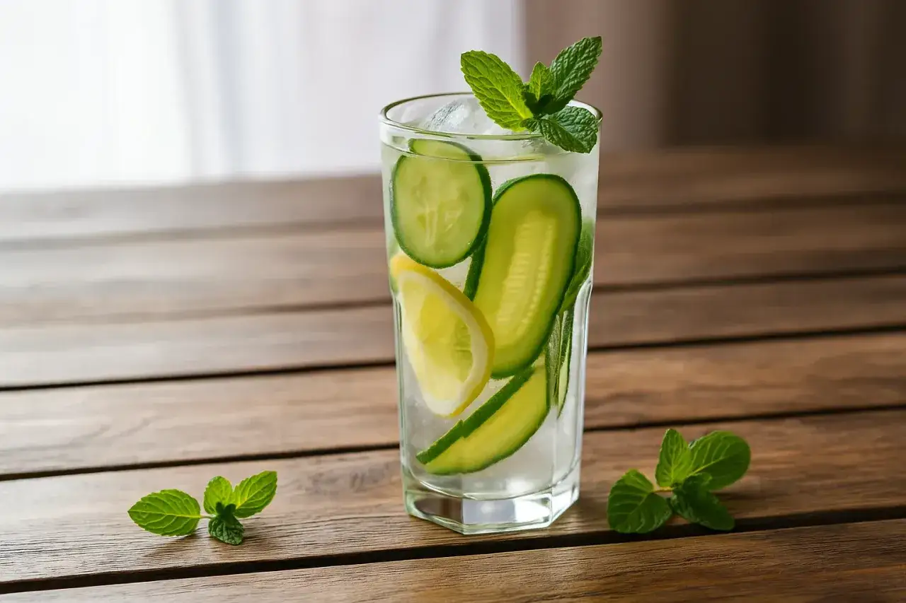 Bicchiere di acqua detox con cetriolo, limone e menta su un tavolo di legno. Rinfrescante e salutare.