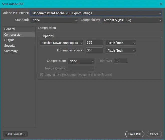 Photoshop Export As dialog compression settings