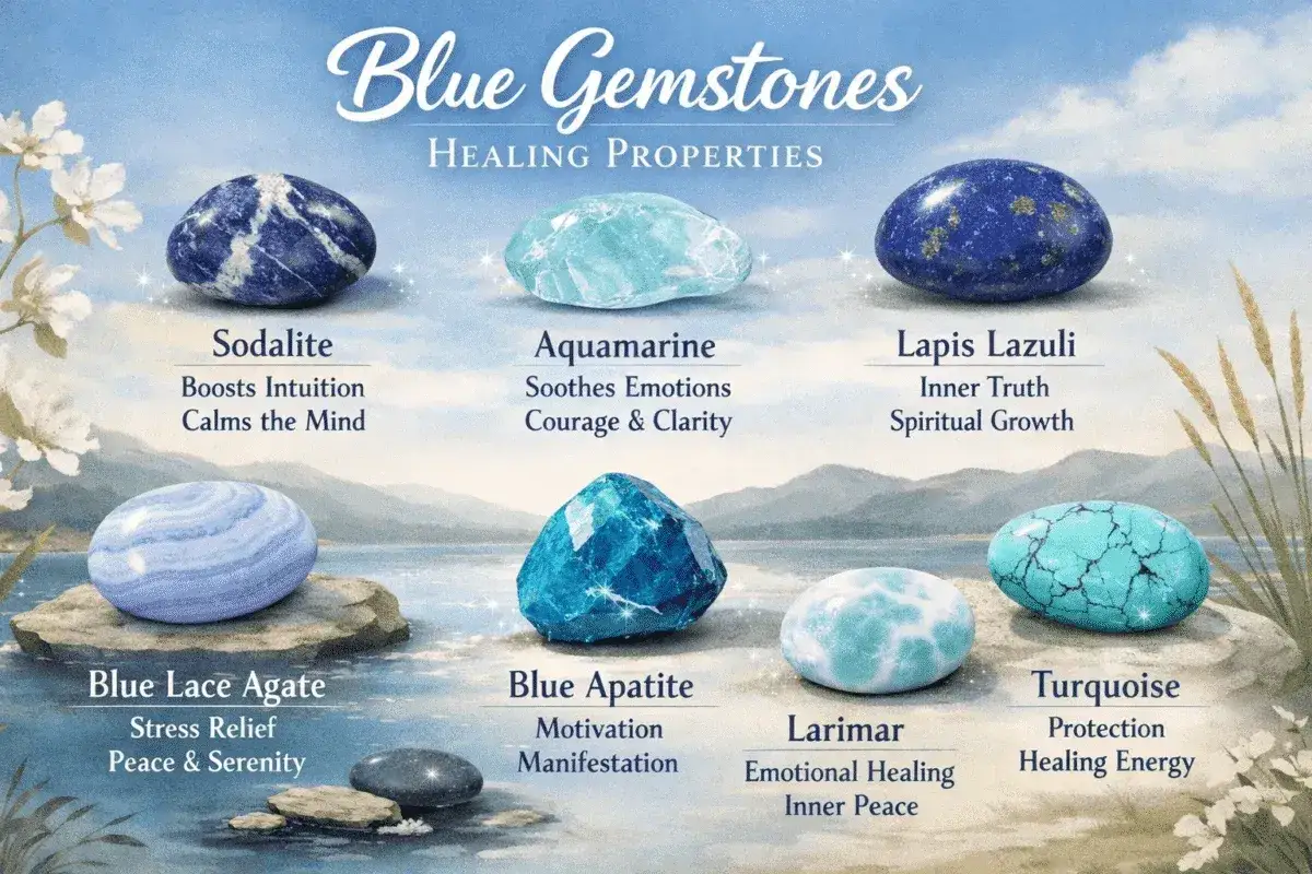 Blauer Edelstein-Leitfaden: Sodalith, Aquamarin, Lapislazuli, Blauer Spitzenachat, Blauer Apatit, Larimar, Türkis. Blau Bedeutung spirituell: Intuition, Ruhe, Wahrheit, Wachstum, Frieden, Motivation, Heilung.