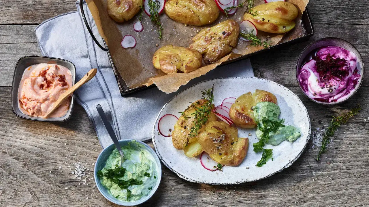Knusprige Kartoffeln im Ofen, serviert mit Kräuterquark und Rote-Bete-Joghurt. Ein Genuss für jeden Tisch!