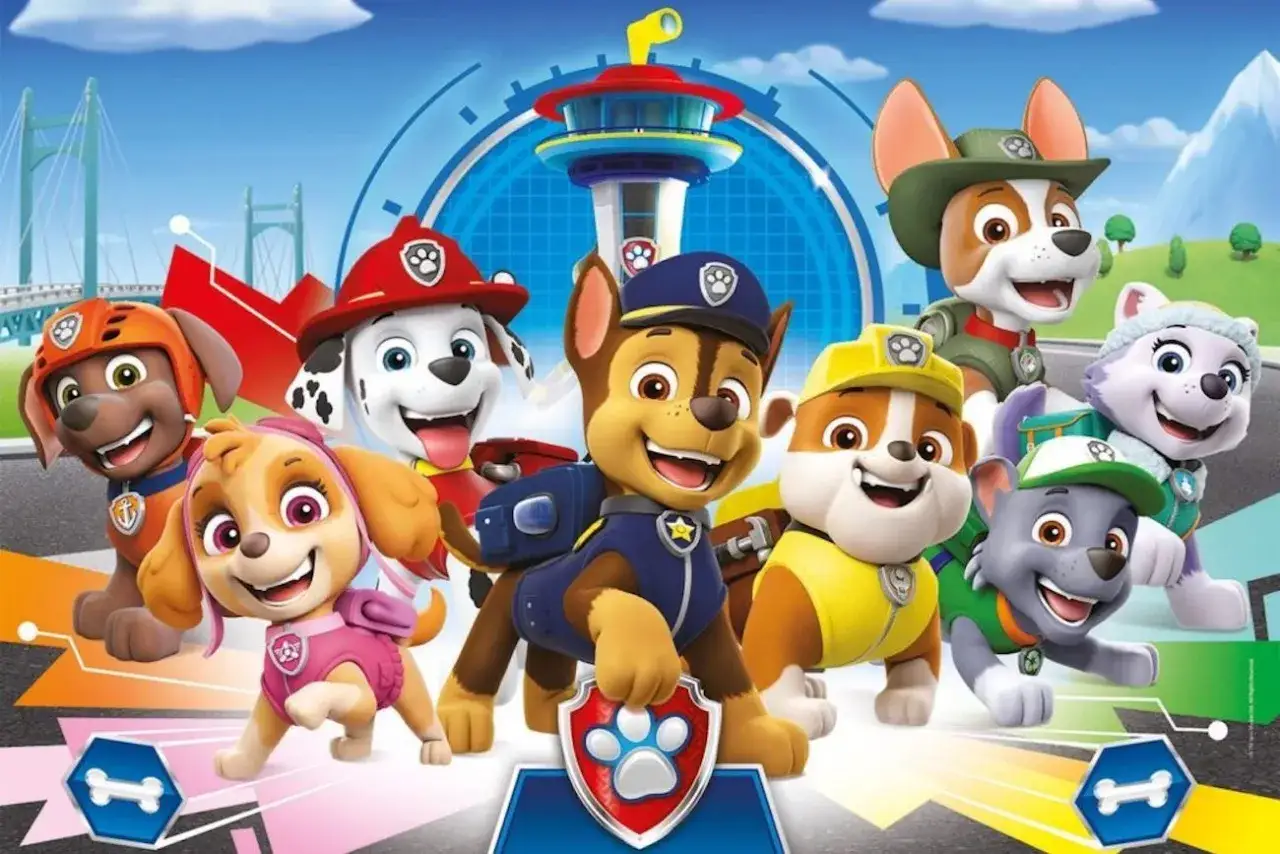 Wesołe psi patrol postacie: Chase, Marshall, Skye, Rubble, Rocky, Zuma, Tracker i Everest pozdrawiają z Psiej Bazy.