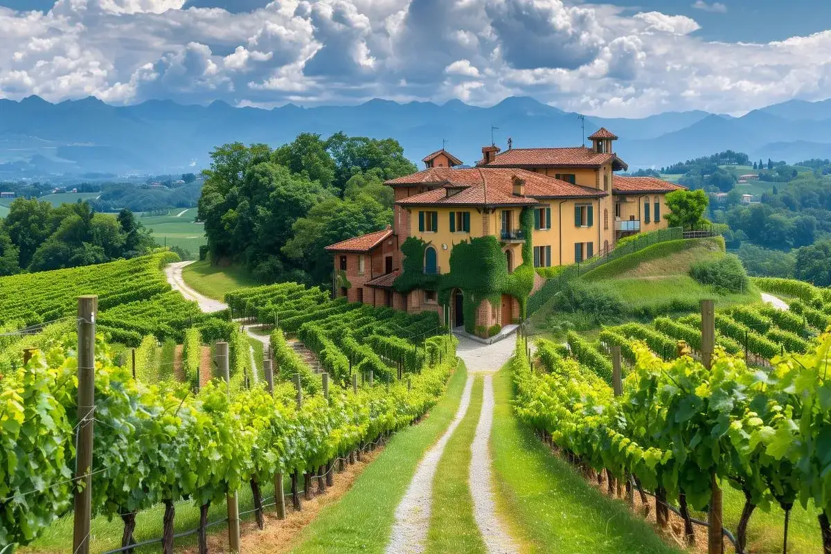 Villa gialla immersa tra vigneti rigogliosi, perfetta per vacanze in collina. Montagne azzurre sullo sfondo.