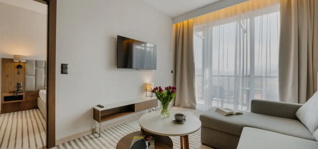 Elegancki apartament z widokiem na miasto. Wygodna sofa, stolik kawowy z tulipanami i książką. W tle ł&oacute;żko i telewizor. Idealne miejsce na relaks.