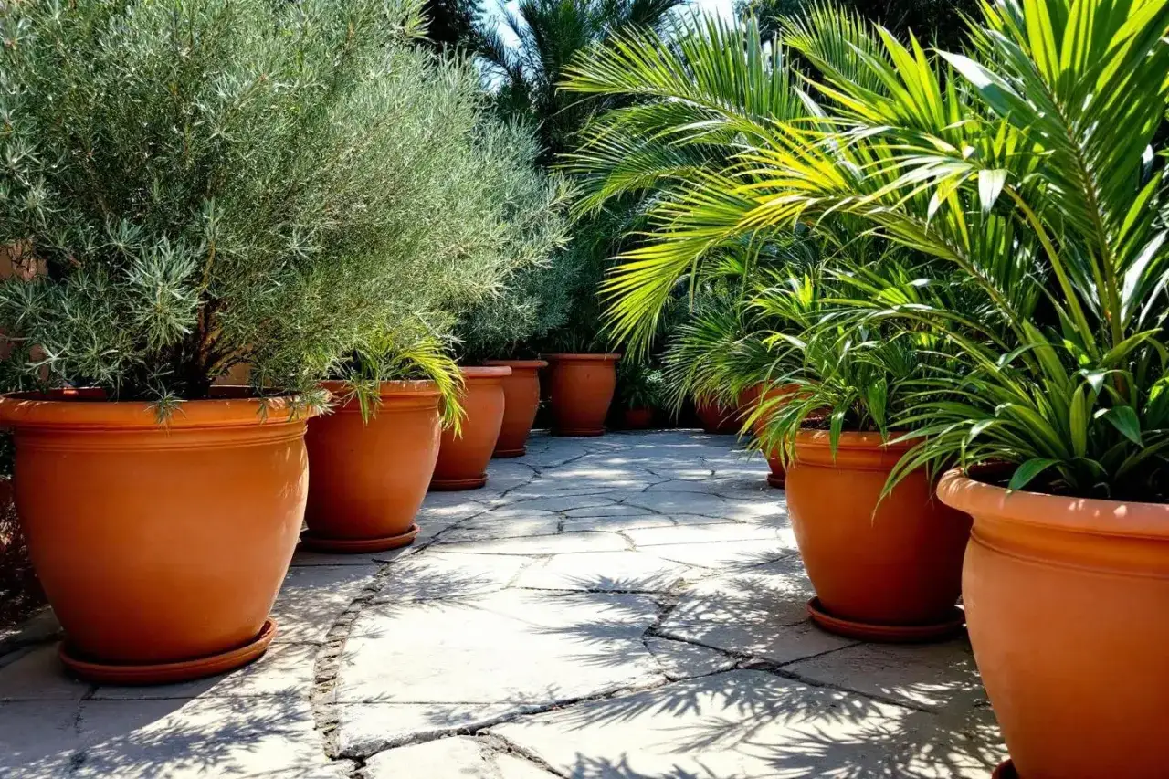Aménager une terrasse avec pots : des plantes luxuriantes dans de grands pots en terre cuite créent une ambiance méditerranéenne sur un chemin pavé.