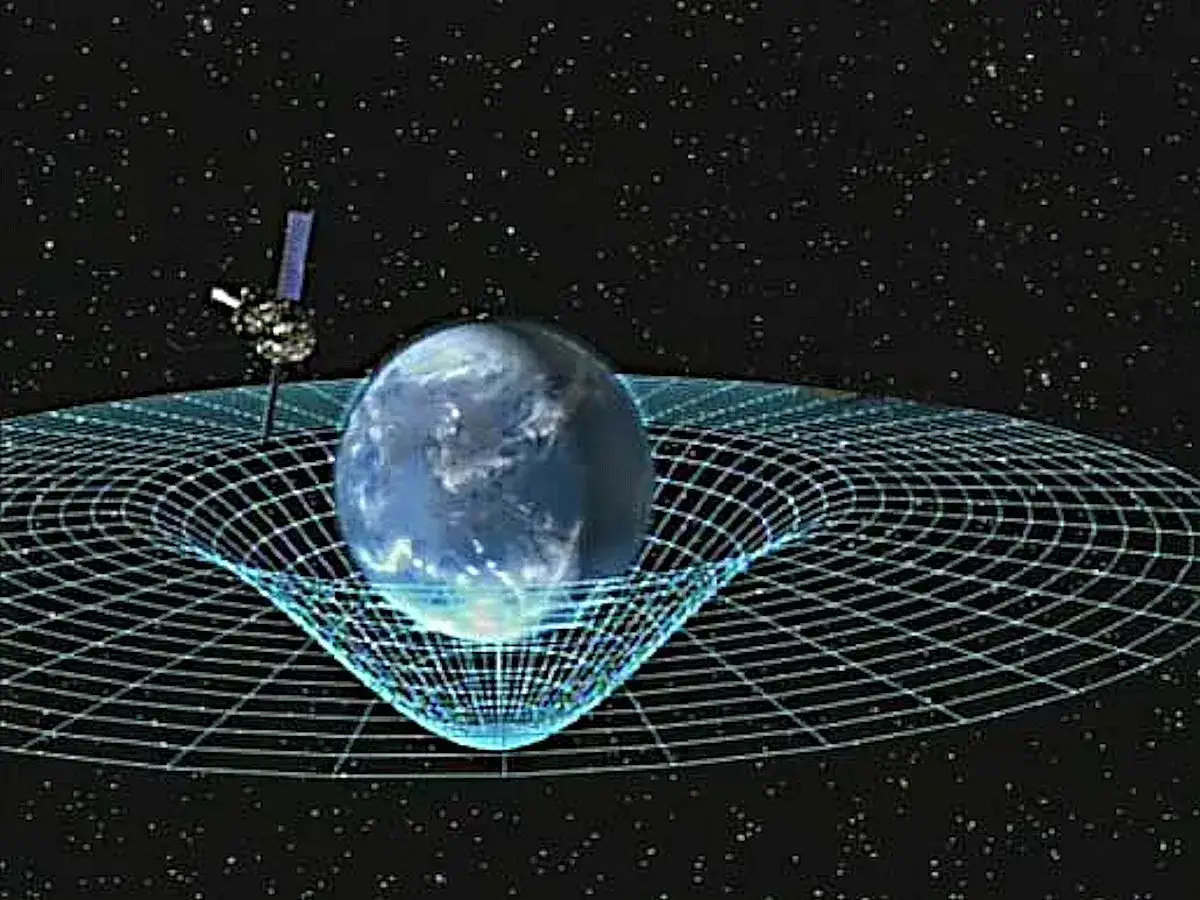 Jordens gravitation b&ouml;jer rumtiden som ett n&auml;t. Vilken dimension lever vi i? En satellit observerar.