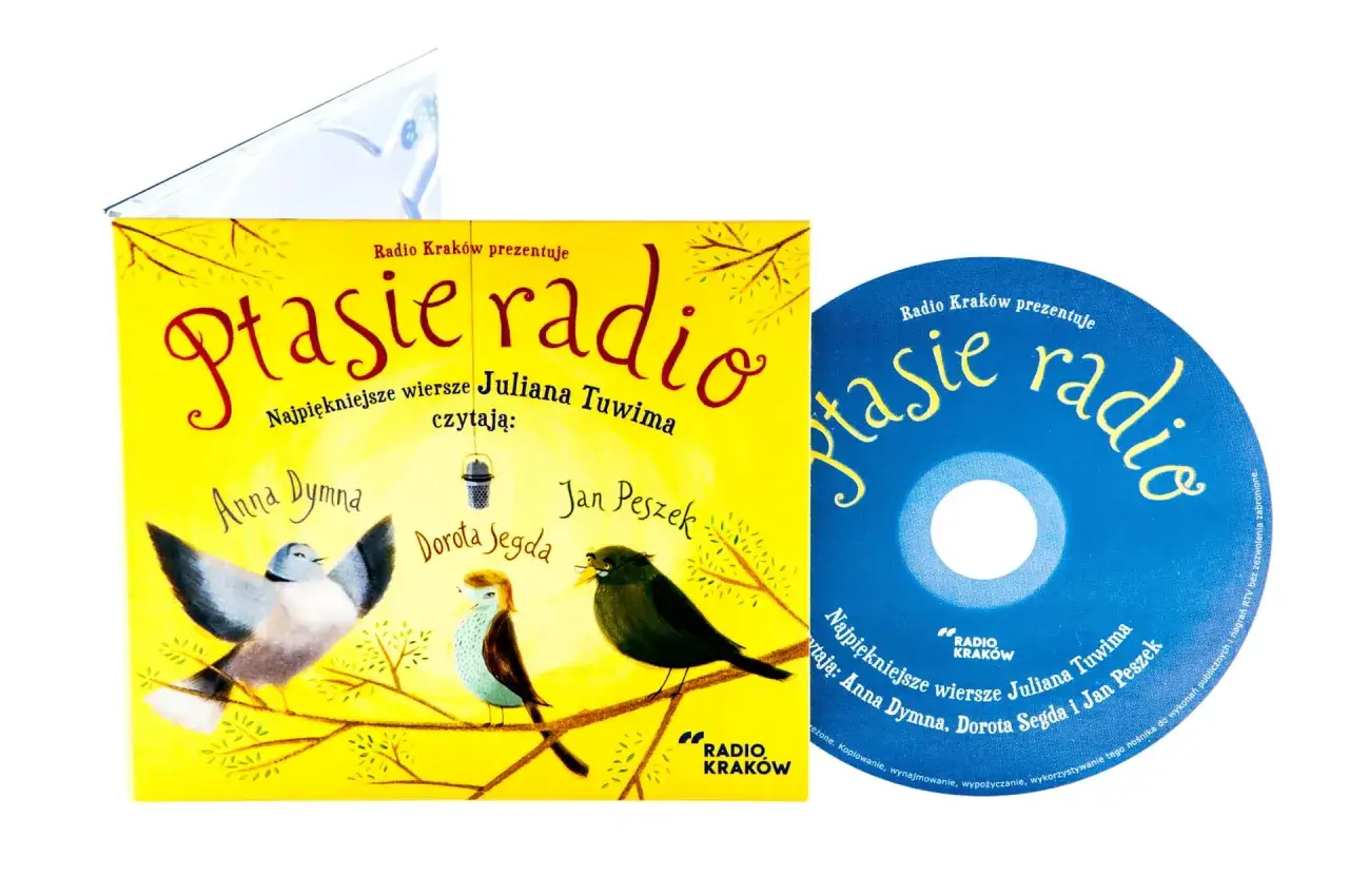 Ptasie radio wiersz Juliana Tuwima. Okładka płyty CD z ilustracją ptaków na gałęzi i płytą.