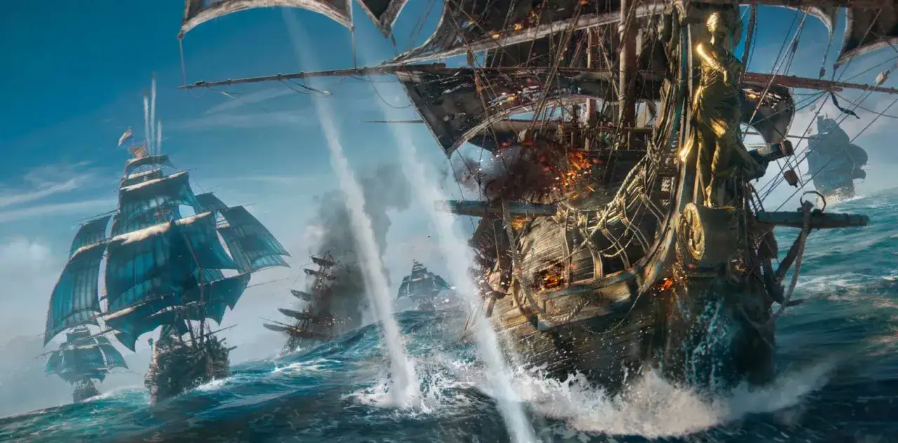 Galeón en batalla, con cañonazos y humo. La bandera de calavera y tibias ondea, símbolo de piratas en alta mar.