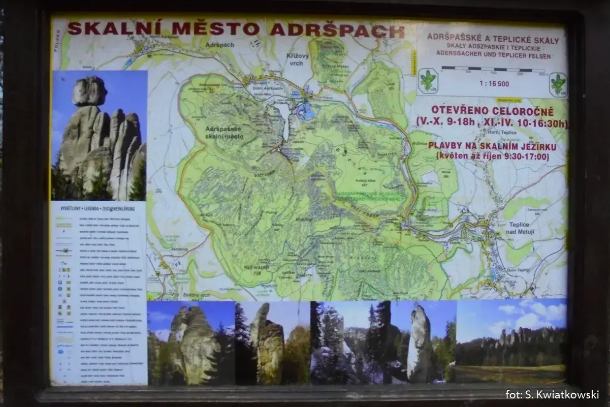 Mapa skalnego miasta w Czechach, Adršpach. Informacje o godzinach otwarcia i cennik atrakcji.