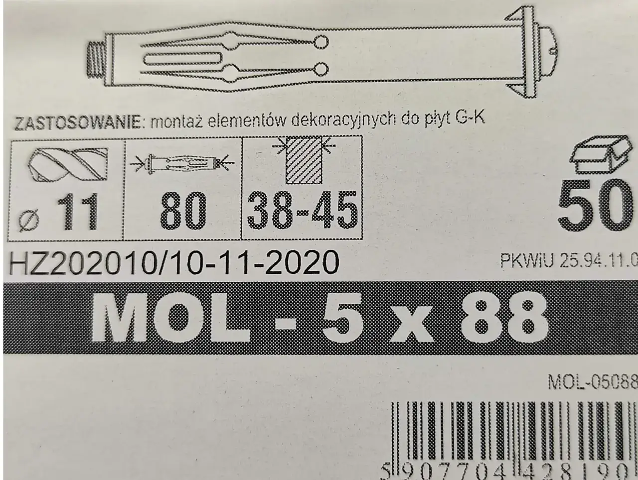 montaż kołka molly w karton gips