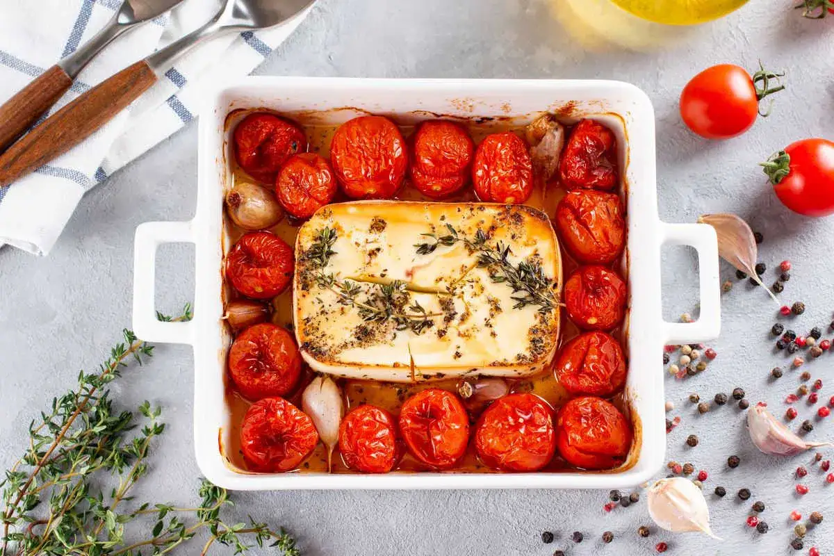 Feta in friggitrice ad aria, cotta con pomodorini, aglio e erbe aromatiche. Un piatto semplice e gustoso.