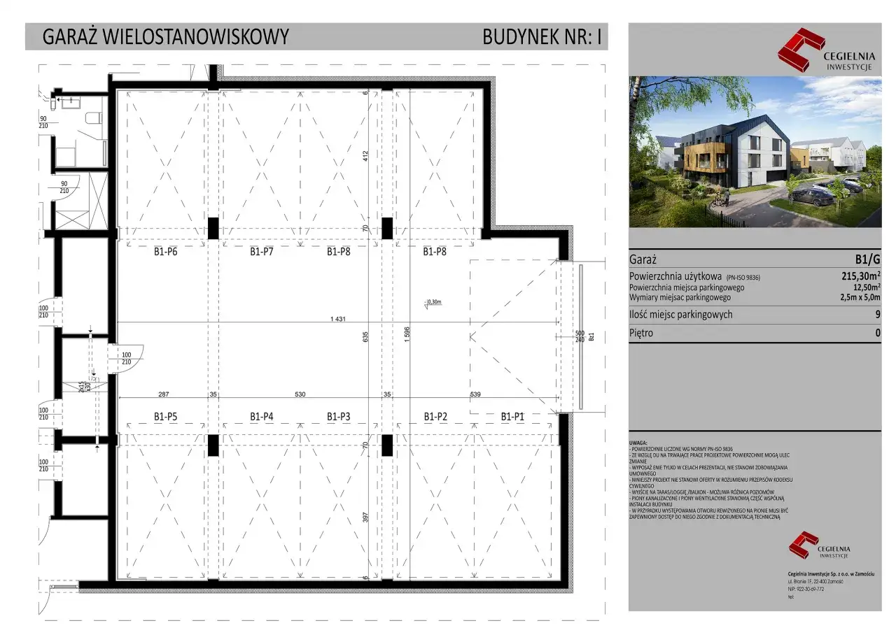 Rzut garażu z oznaczeniami miejsc parkingowych. Wymiary miejsca parkingowego: 2,5m x 5,0m.