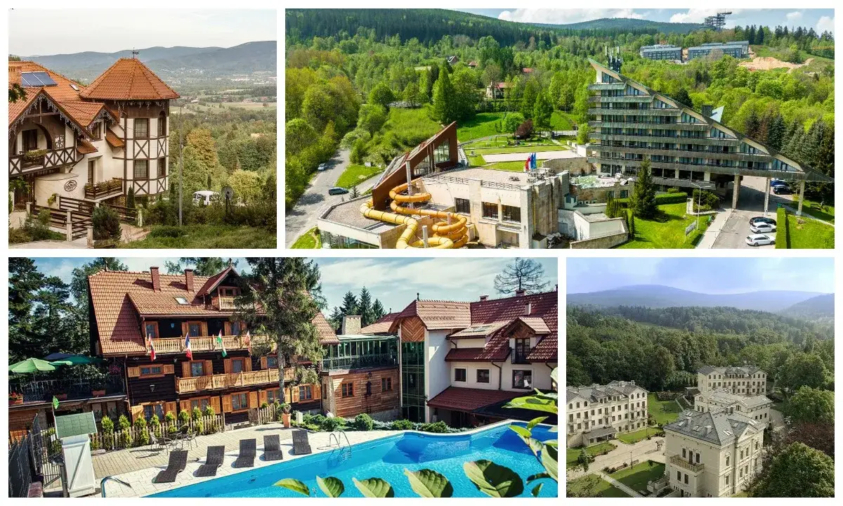 Zdjęcia hoteli o różnym standardzie (hostel, hotel 3-gwiazdkowy, luksusowy hotel 5-gwiazdkowy)