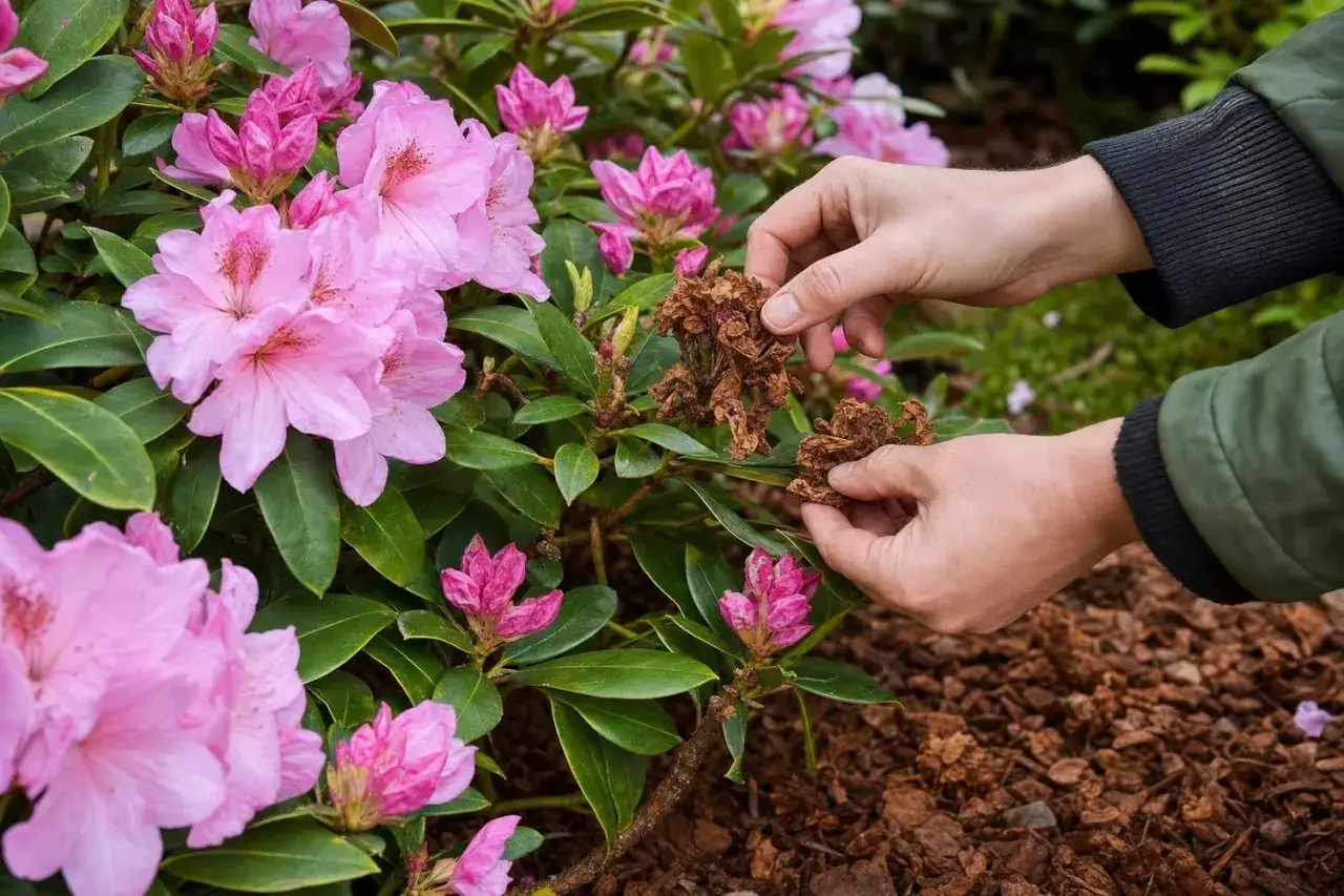 Mains retirant des fleurs fan&eacute;es d'un rhododendron en pleine floraison rose vif.