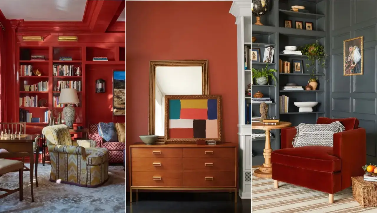 Rote Akzente in Wohnr&auml;umen: Ein roter Sessel, rote B&uuml;cherregale und ein roter Teppich. Welche Farbe passt zu Rot? Hier sehen wir Grau und Beige als harmonische Erg&auml;nzungen.