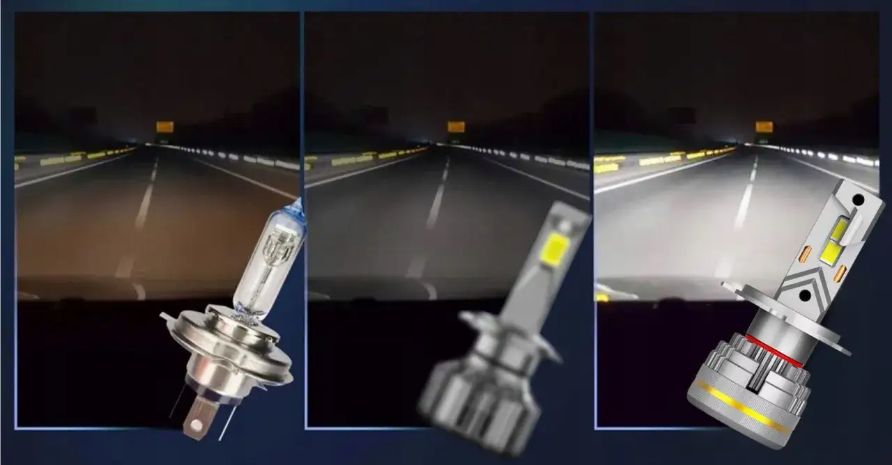 Porównanie oświetlenia drogi: słaba lampa halogenowa, nowoczesna żarówka LED i mocna lampa LED.