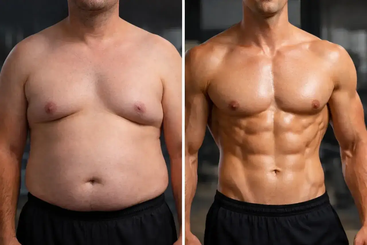 Avant/après : transformation spectaculaire d'un homme, passant d'un corps avec du ventre à des abdominaux sculptés. Un exemple de réussite pour perdre de la graisse.