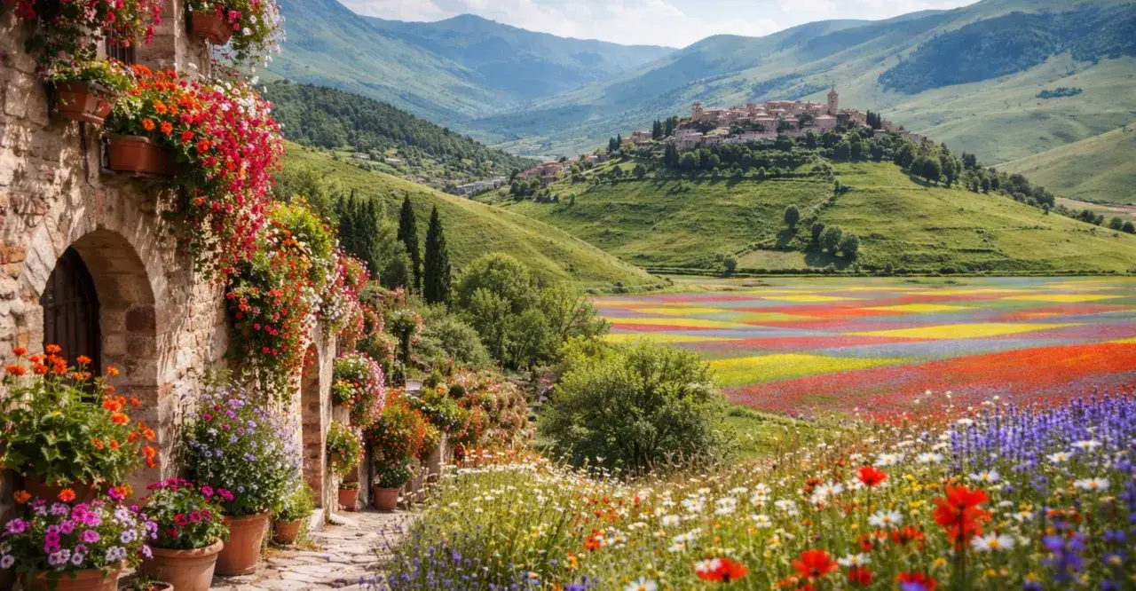 Un borgo italiano incantevole, con fiori colorati che adornano un muro di pietra, domina un paesaggio di colline verdi e un campo fiorito, un vero spettacolo di primavera in Italia.