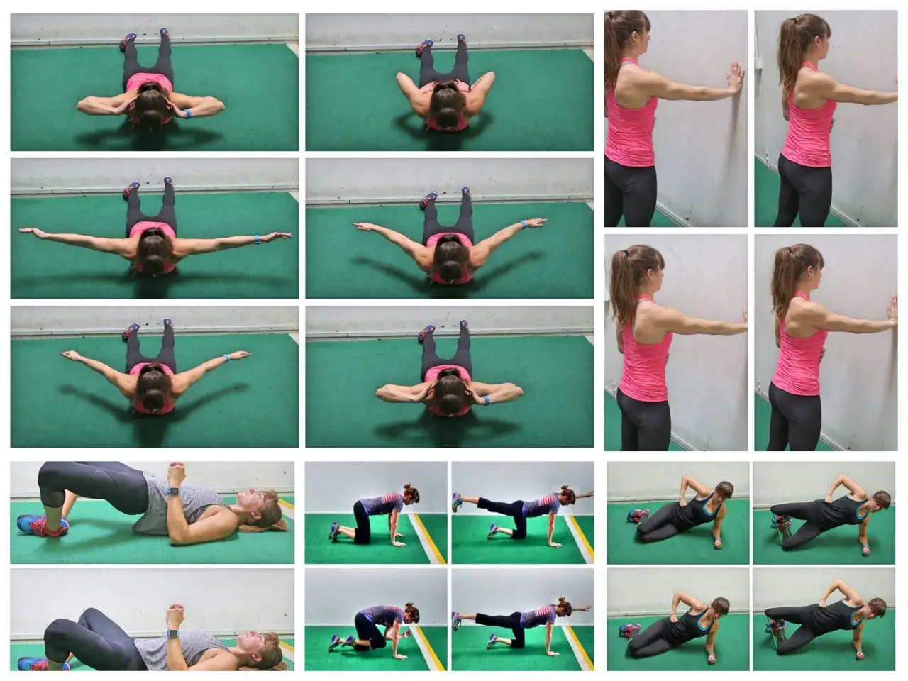 Frauen f&uuml;hren verschiedene &Uuml;bungen aus, die die **Mind-Muscle Connection** st&auml;rken: Liegest&uuml;tze, Br&uuml;cke, Vierf&uuml;&szlig;lerstand und seitliche Planks.